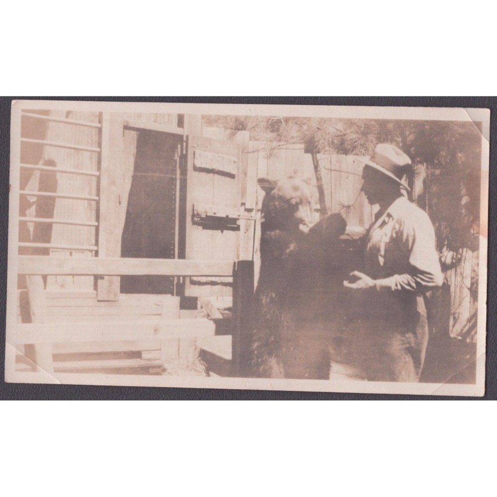 Vintage 1921 Sepia Photo Man w/ Bear Joe Clark Occupational 5.1x3.1